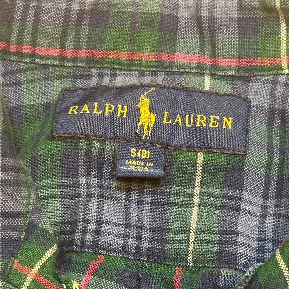 Boy's Ralph Lauren Plaid Button Down Shirt sz S (8) Blue Green Plaid